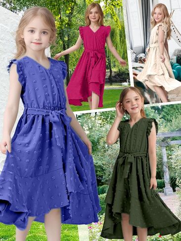 Girls Dresses 2025 Summer V Neck Dress Cap Sleeve Swiss Dot Boho Ruffle Slit Flowy High Low Long Maxi Dresses for Kids in Saudi Arabia