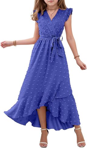 Girls Dresses 2025 Summer V Neck Dress Cap Sleeve Swiss Dot Boho Ruffle Slit Flowy High Low Long Maxi Dresses for Kids in Saudi Arabia