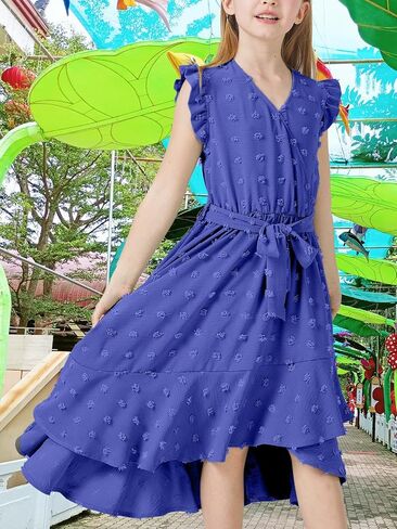 Girls Dresses 2025 Summer V Neck Dress Cap Sleeve Swiss Dot Boho Ruffle Slit Flowy High Low Long Maxi Dresses for Kids in Saudi Arabia