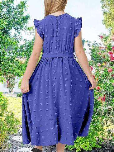 Girls Dresses 2025 Summer V Neck Dress Cap Sleeve Swiss Dot Boho Ruffle Slit Flowy High Low Long Maxi Dresses for Kids in Saudi Arabia
