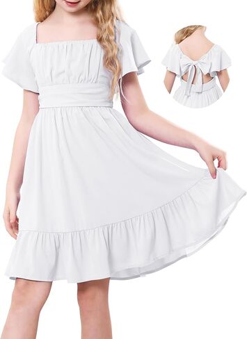 Durio Girls Summer Short Sleeve Dress Tie Back Off Shoulder Dresses for Teens Ruffle Tween Girls Dresses Size 6-16 Years in Saudi Arabia