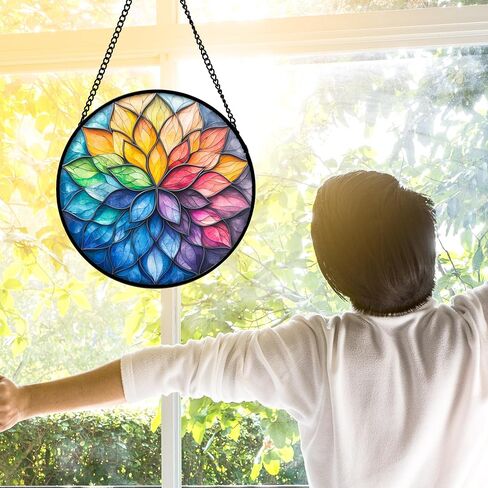 Stained Glass Window Hanging, Colorful Flower Petals Sun Catchers Diamond Glass Panel Hangings Suncatcher Decor for Birthday for Women, Men, Wife, Aunt, and Mom 6.3 in in Saudi Arabia