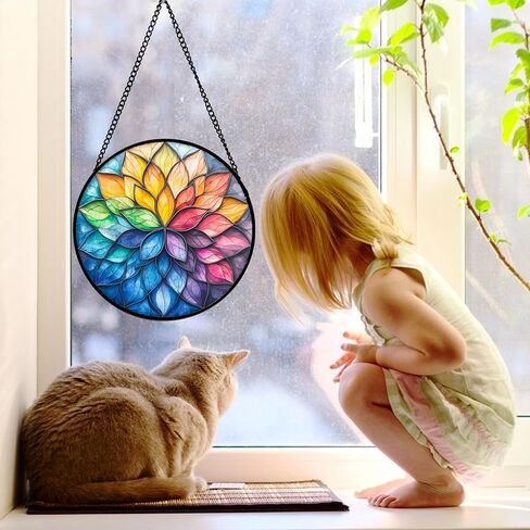 Stained Glass Window Hanging, Colorful Flower Petals Sun Catchers Diamond Glass Panel Hangings Suncatcher Decor for Birthday for Women, Men, Wife, Aunt, and Mom 6.3 in in Saudi Arabia