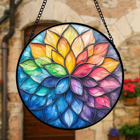 Stained Glass Window Hanging, Colorful Flower Petals Sun Catchers Diamond Glass Panel Hangings Suncatcher Decor for Birthday for Women, Men, Wife, Aunt, and Mom 6.3 in in Saudi Arabia