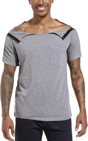 Landofgenie Unisex Post Shoulder Surgery Shirt Tear Away Snap Adaptive Clothes Button Down Recovery T-Shirts for Men in Kuwait