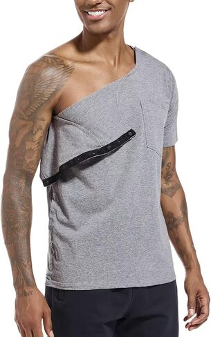Landofgenie Unisex Post Shoulder Surgery Shirt Tear Away Snap Adaptive Clothes Button Down Recovery T-Shirts for Men in Kuwait