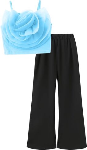 Girl 2 Piece Outfits Toddler Girl Clothes Set Spring Summer Solid 3D Floral Camisole Crop Top Wide Leg Pants 4-9Y in Saudi Arabia