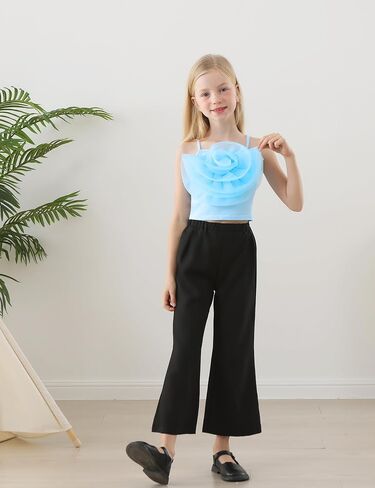 Girl 2 Piece Outfits Toddler Girl Clothes Set Spring Summer Solid 3D Floral Camisole Crop Top Wide Leg Pants 4-9Y in Saudi Arabia
