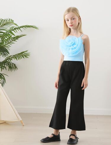 Girl 2 Piece Outfits Toddler Girl Clothes Set Spring Summer Solid 3D Floral Camisole Crop Top Wide Leg Pants 4-9Y in Saudi Arabia