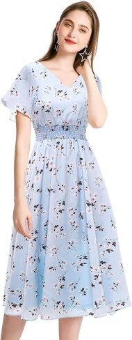 Gardenwed Chiffon Floral Dresses Summer Sun Beach Dresses for Women with Elastic Waist in Kuwait