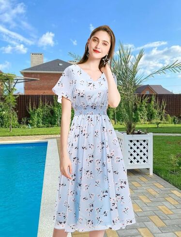 Gardenwed Chiffon Floral Dresses Summer Sun Beach Dresses for Women with Elastic Waist in Kuwait