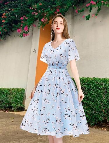 Gardenwed Chiffon Floral Dresses Summer Sun Beach Dresses for Women with Elastic Waist in Kuwait
