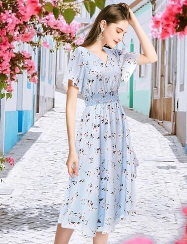 Gardenwed Chiffon Floral Dresses Summer Sun Beach Dresses for Women with Elastic Waist in Kuwait