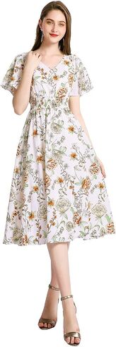Gardenwed Chiffon Floral Dresses Summer Sun Beach Dresses for Women with Elastic Waist in Kuwait