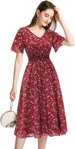 Gardenwed Chiffon Floral Dresses Summer Sun Beach Dresses for Women with Elastic Waist in Kuwait