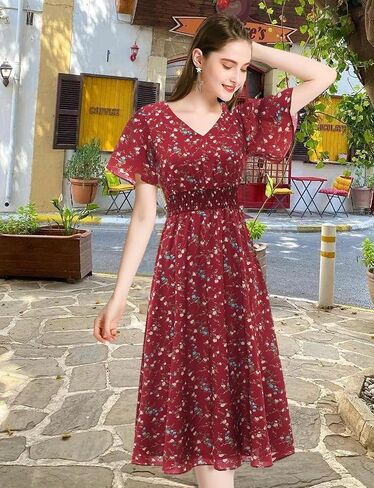Gardenwed Chiffon Floral Dresses Summer Sun Beach Dresses for Women with Elastic Waist in Kuwait