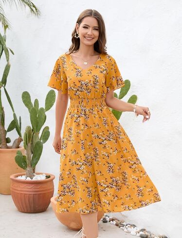 Gardenwed Chiffon Floral Dresses Summer Sun Beach Dresses for Women with Elastic Waist in Kuwait