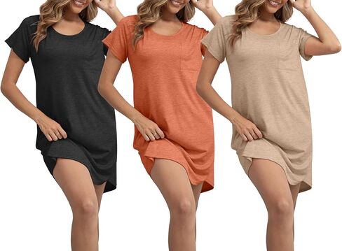 PNAEONG 3 Pack Women's Cotton Nightgown Sleepwear, Short Sleeve Nightshirt with Breast Pocket Casual Sleepwear, S-3XL in Saudi Arabia