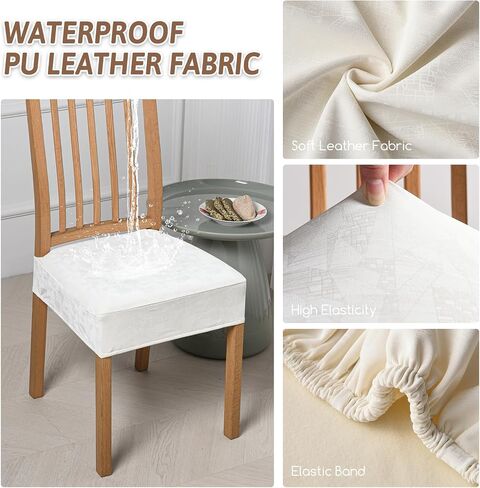 FUANGUI Waterproof Dining Chair Covers Set of 6, Diamond Pattern PU Chair Seat Slipcovers Removable Washable Chair Covers Protector Dining Room, Kitchen Chair Covers Slipcover, Rear Covered, Off-White in Saudi Arabia