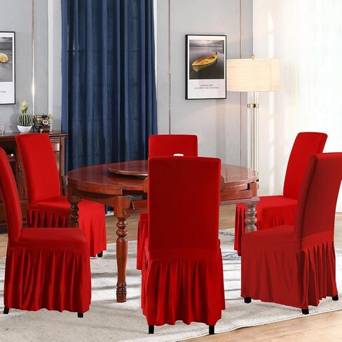 2PC Parson Skirt Removable Chair Covers Stretch Spandex Washable Fitted Chair Protector Cover for Dining, Party, Ceremony (Red) in Kuwait