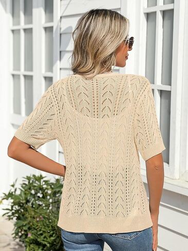 BB&KK Women's Crochet Open Front Cardigan Button Short Sleeve V Neck Soft Knitted Sweater Outerwear Cover Up in Saudi Arabia