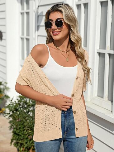 BB&KK Women's Crochet Open Front Cardigan Button Short Sleeve V Neck Soft Knitted Sweater Outerwear Cover Up in Saudi Arabia