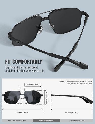 LUENX Aviator Sunglasses for Men Square Polarized Polygon Sun Glasses UV400 Protection in Kuwait