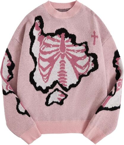 Men's Gothic Oversized Sweater Skull Pattern Long Sleeve Crew Neck Pullover Jumper Tops in Saudi Arabia