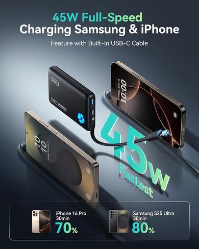 شاحن محمول INIU، أنحف بنك طاقة بقدرة 10000 مللي أمبير في الساعة مع كابل USB-C مدمج، حزمة بطارية USB C للشحن السريع 20 وات PD، شاحن هاتف خارجي لهاتف iPhone 16 15 14 13 Samsung S22 S21 Google إلخ in Kuwait