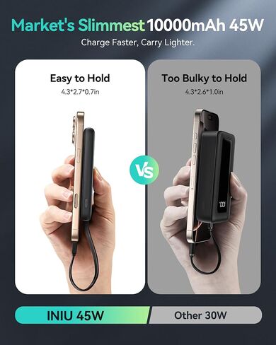 شاحن محمول INIU، أنحف بنك طاقة بقدرة 10000 مللي أمبير في الساعة مع كابل USB-C مدمج، حزمة بطارية USB C للشحن السريع 20 وات PD، شاحن هاتف خارجي لهاتف iPhone 16 15 14 13 Samsung S22 S21 Google إلخ in Kuwait