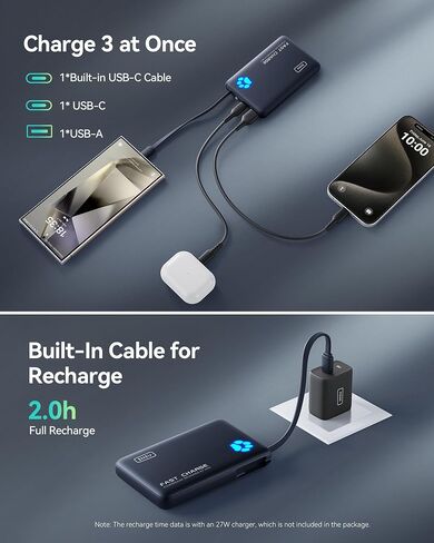 شاحن محمول INIU، أنحف بنك طاقة بقدرة 10000 مللي أمبير في الساعة مع كابل USB-C مدمج، حزمة بطارية USB C للشحن السريع 20 وات PD، شاحن هاتف خارجي لهاتف iPhone 16 15 14 13 Samsung S22 S21 Google إلخ in Kuwait