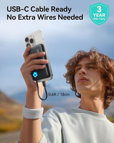 INIU Portable Charger, Slimmest 10000mAh Power Bank with Build in USB-C Cable, 20W PD Fast Charging USB C in&Out Battery Pack, External Phone Charger for iPhone 16 15 14 13 Samsung S22 S21 Google etc in Kuwait