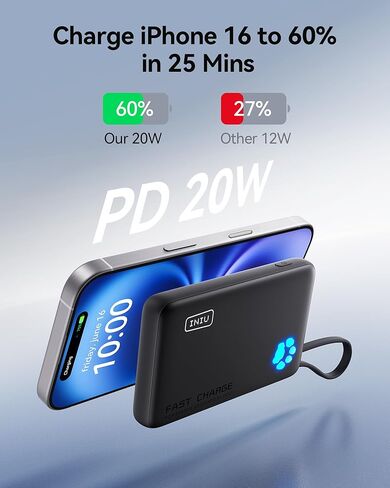 INIU Portable Charger, Slimmest 10000mAh Power Bank with Build in USB-C Cable, 20W PD Fast Charging USB C in&Out Battery Pack, External Phone Charger for iPhone 16 15 14 13 Samsung S22 S21 Google etc in Kuwait