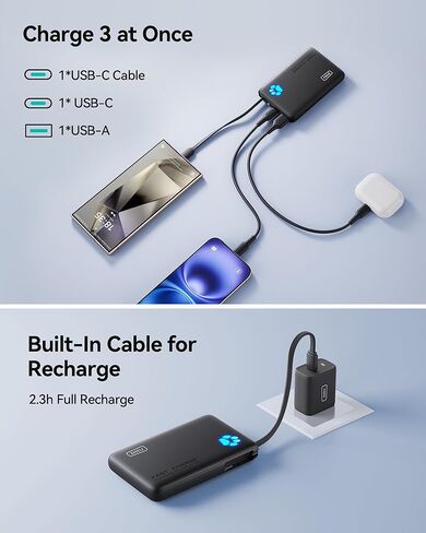 INIU Portable Charger, Slimmest 10000mAh Power Bank with Build in USB-C Cable, 20W PD Fast Charging USB C in&Out Battery Pack, External Phone Charger for iPhone 16 15 14 13 Samsung S22 S21 Google etc in Kuwait