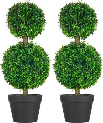 HOMCOM Set of 2 23.5" Artificial Ball Boxwood Topiary Trees with Pot, Indoor Outdoor Fake Plants for Home Office & Living Room Decor in Saudi Arabia