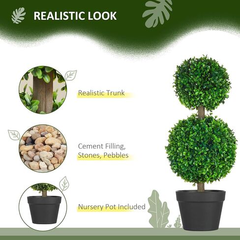 HOMCOM Set of 2 23.5" Artificial Ball Boxwood Topiary Trees with Pot, Indoor Outdoor Fake Plants for Home Office & Living Room Decor in Saudi Arabia