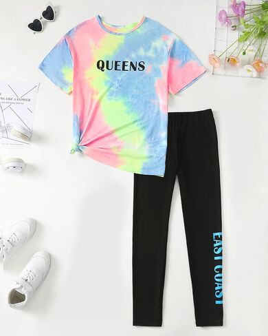 Girls' Clothing Sets Tie-Dye Tee Top Legging Outfits for Kid Activewear Jogger Sets Tween Girl Sweatsuits Size 8-14 in Saudi Arabia