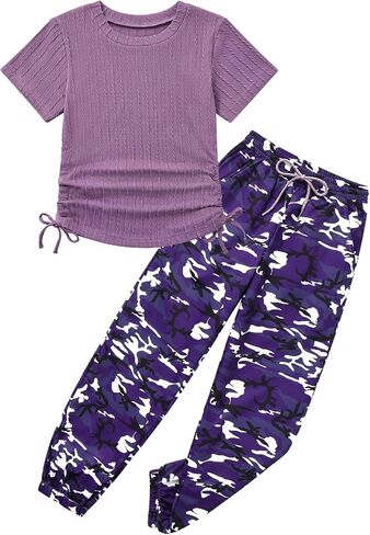 ESHOO Teen Girls 2 Piece Outfits Kids Girls Ruched Drawstring Ribbed Knit Short Sleeve T Shirt Camouflage Pants Clothing Set in Saudi Arabia