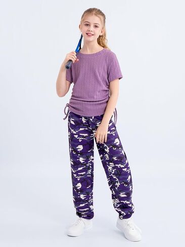 ESHOO Teen Girls 2 Piece Outfits Kids Girls Ruched Drawstring Ribbed Knit Short Sleeve T Shirt Camouflage Pants Clothing Set in Saudi Arabia