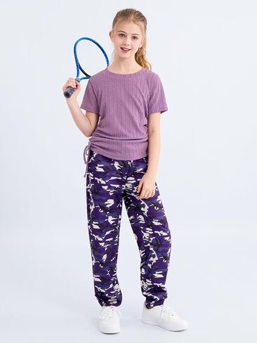 ESHOO Teen Girls 2 Piece Outfits Kids Girls Ruched Drawstring Ribbed Knit Short Sleeve T Shirt Camouflage Pants Clothing Set in Saudi Arabia