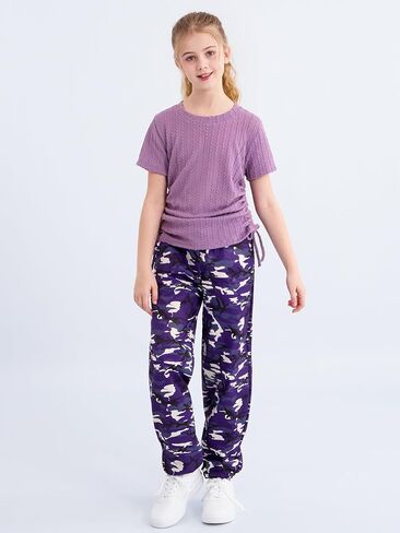 ESHOO Teen Girls 2 Piece Outfits Kids Girls Ruched Drawstring Ribbed Knit Short Sleeve T Shirt Camouflage Pants Clothing Set in Saudi Arabia