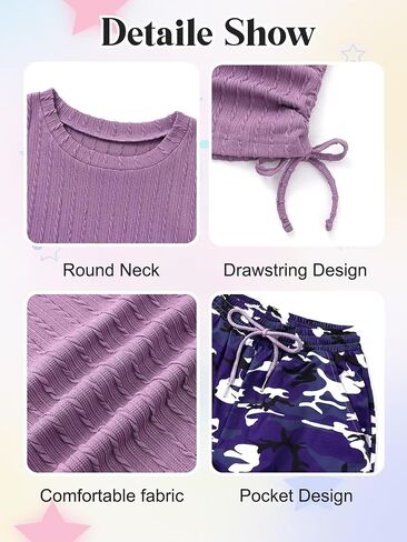 ESHOO Teen Girls 2 Piece Outfits Kids Girls Ruched Drawstring Ribbed Knit Short Sleeve T Shirt Camouflage Pants Clothing Set in Saudi Arabia