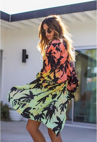 Barlver Women Floral Leaf Kimono Summer Cardigan Sheer Loose Half Sleeve Beach Shawl Chiffon Cover Up Casual Blouse Tops in Saudi Arabia