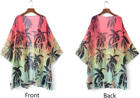 Barlver Women Floral Leaf Kimono Summer Cardigan Sheer Loose Half Sleeve Beach Shawl Chiffon Cover Up Casual Blouse Tops in Saudi Arabia