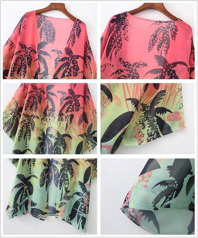 Barlver Women Floral Leaf Kimono Summer Cardigan Sheer Loose Half Sleeve Beach Shawl Chiffon Cover Up Casual Blouse Tops in Saudi Arabia