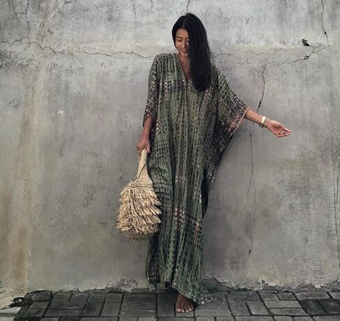 BSUBSEACH فساتين Kaftan للنساء 2025 بالإضافة إلى حجم السباحة التستر فوق صبغة TIE CAFTAN MAXI LOUNGWEAR in Kuwait