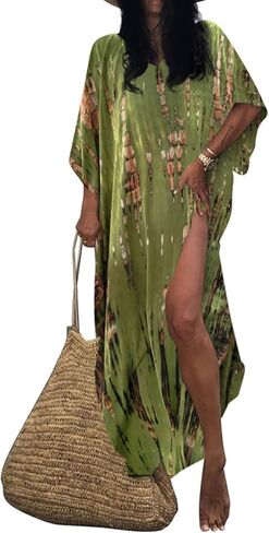BSUBSEACH فساتين Kaftan للنساء 2025 بالإضافة إلى حجم السباحة التستر فوق صبغة TIE CAFTAN MAXI LOUNGWEAR in Kuwait
