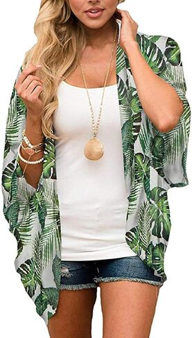 Barlver Women Floral Leaf Kimono Summer Cardigan Sheer Sould Sould Sleeve Beach Shawn Shaffon Cover Up Discal Plouse Tops in Kuwait