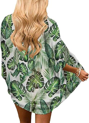 Barlver Women Floral Leaf Kimono Summer Cardigan Sheer Sould Sould Sleeve Beach Shawn Shaffon Cover Up Discal Plouse Tops in Kuwait