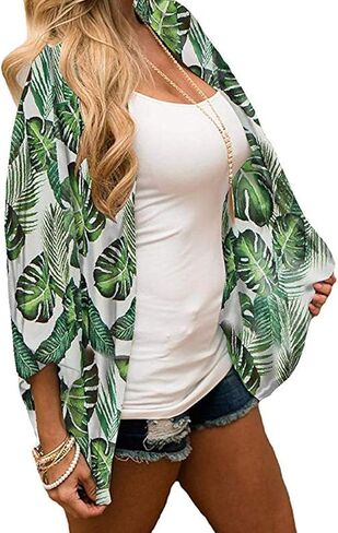 Barlver Women Floral Leaf Kimono Summer Cardigan Sheer Sould Sould Sleeve Beach Shawn Shaffon Cover Up Discal Plouse Tops in Kuwait